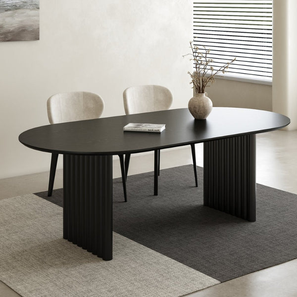 HomeRoots 67" Walnut Solid Wood Oval Dining Table with Mirrored Double Pedestal Base for Elegant Dining Experience 712160