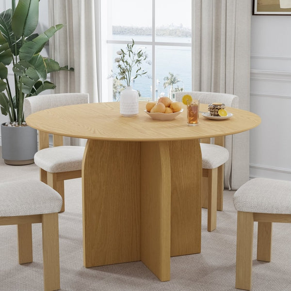 HomeRoots 52" Beige Solid Wood Round Dining Table with Elegant Pedestal Base - Perfect for Family Gatherings! 712169