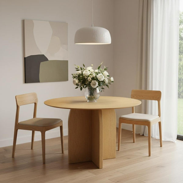 HomeRoots 52" Beige Solid Wood Round Dining Table with Elegant Pedestal Base - Perfect for Family Gatherings! 712169