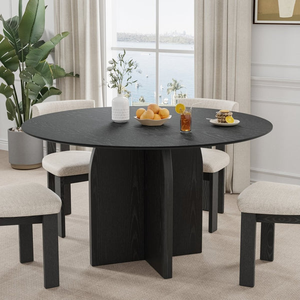 HomeRoots 58" Black Solid Wood Round Dining Table - Modern Pedestal Base for Stylish Gatherings & Durability 712171