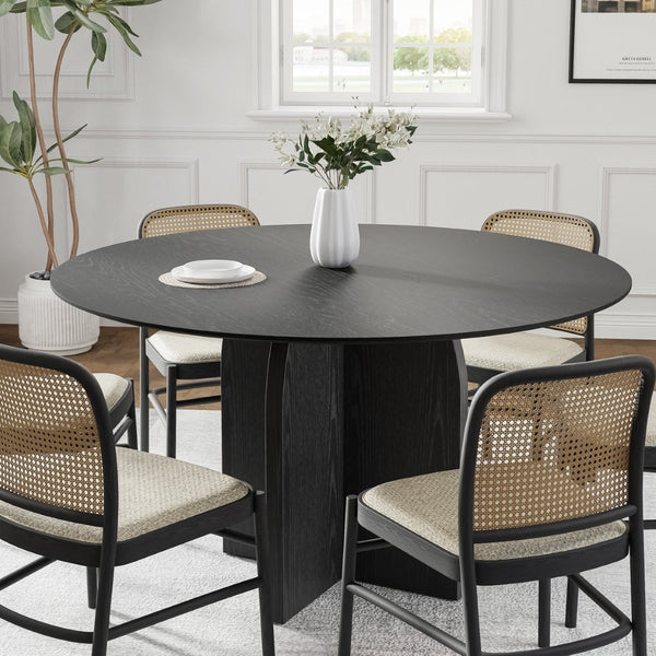 HomeRoots 58" Black Solid Wood Round Dining Table - Modern Pedestal Base for Stylish Gatherings & Durability 712171