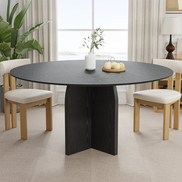 HomeRoots 58" Beige Solid Wood Round Dining Table - Elegant Pedestal Base for Family Gatherings & Events 712172