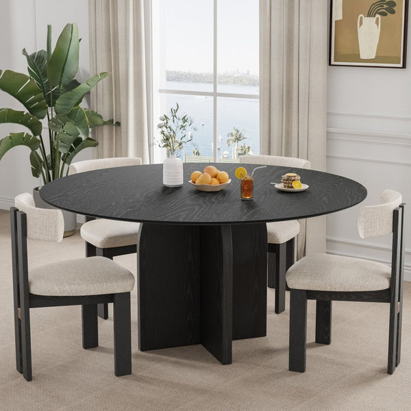 HomeRoots 58" Beige Solid Wood Round Dining Table - Elegant Pedestal Base for Family Gatherings & Events 712172