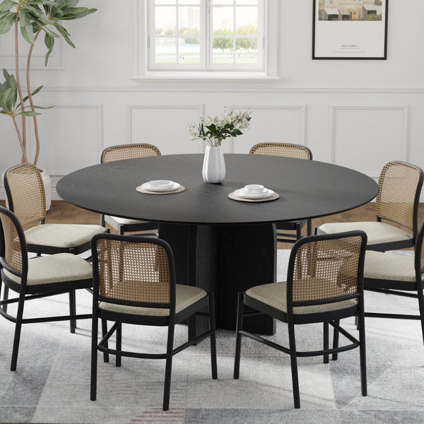HomeRoots 58" Beige Solid Wood Round Dining Table - Elegant Pedestal Base for Family Gatherings & Events 712172