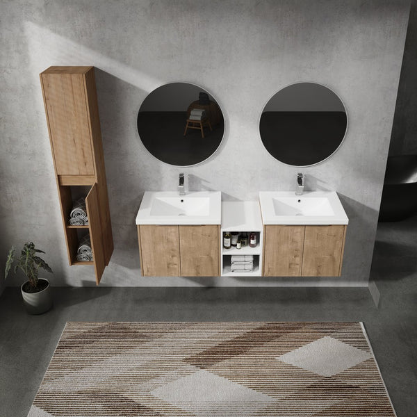 English Elm 60" Wall-Mounted Bathroom Vanity Set With Soft Close Doors, Resin Sinks & Organized Side Cabinets W999S00231