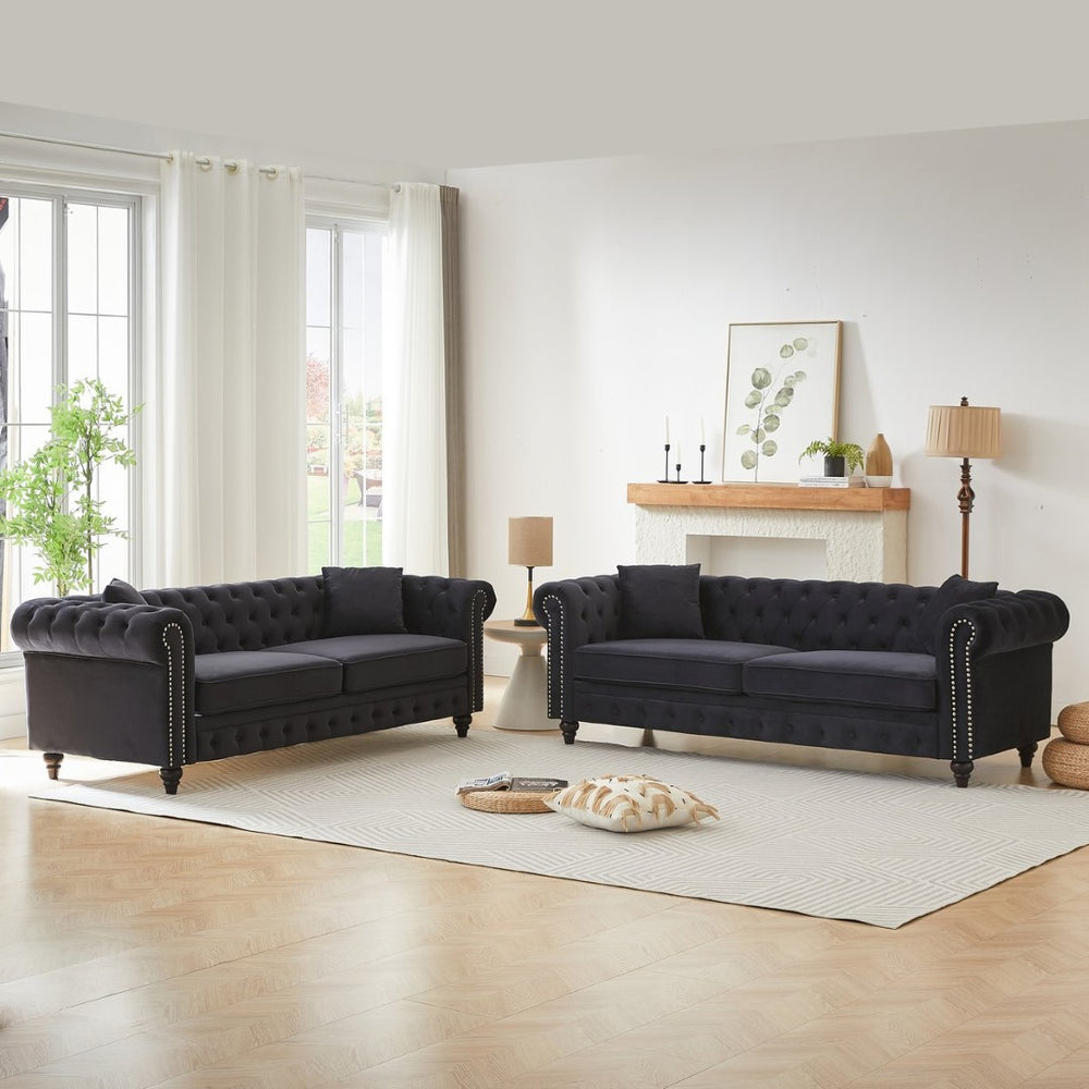 English Elm Fx Modular Six Seat Chenille Sectional Sofa with Gold Legs and Tufted Detail Black W1926S00120
