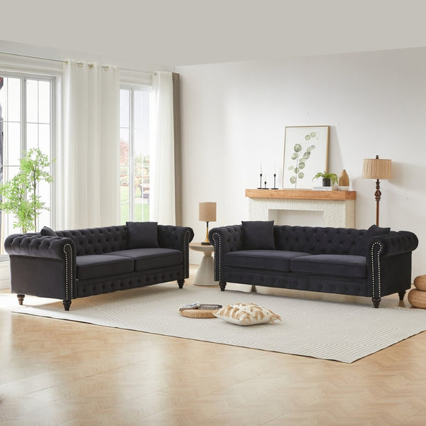 English Elm Fx Modular Six Seat Chenille Sectional Sofa with Gold Legs and Tufted Detail Black W1926S00120