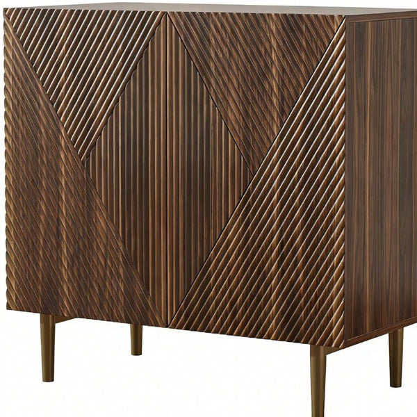 HomeRoots 32 Inch Carved Geometric Brown Wood Sideboard with Dual Doors for Dining Room Storage 712233