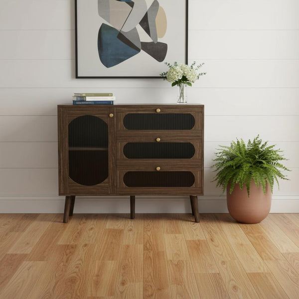 HomeRoots 30" Natural Arched Accent Cabinet – Stylish Storage with Glass Doors for Farmhouse Elegance & Functionality 712237