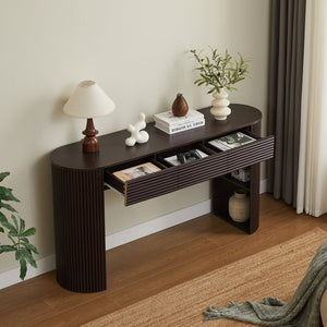 English Elm [video] Retro Fluted Console Table with 3 Drawers Open Niche Mid-century Entryway Espresso N759P283616D