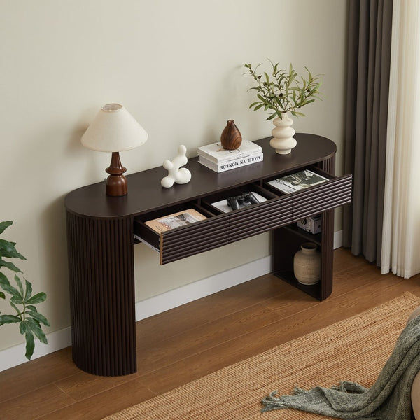 English Elm [video] Retro Fluted Console Table with 3 Drawers Open Niche Mid-century Entryway Espresso N759P283616D