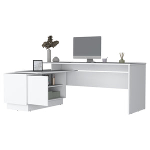 English Elm Emery L-Shaped 70" Corner Desk White – Spacious 70.5" Workstation with Cabinet, Shelves, Stylish Fit B200S00274