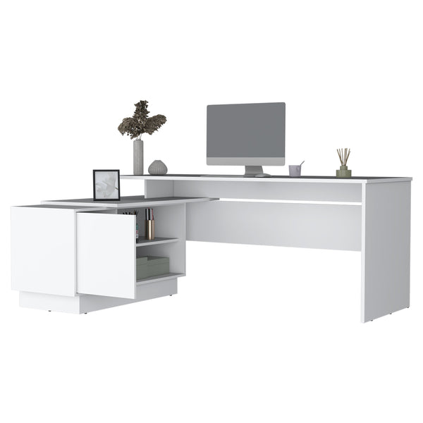 English Elm Emery L-Shaped 70" Corner Desk White – Spacious 70.5" Workstation with Cabinet, Shelves, Stylish Fit B200S00274