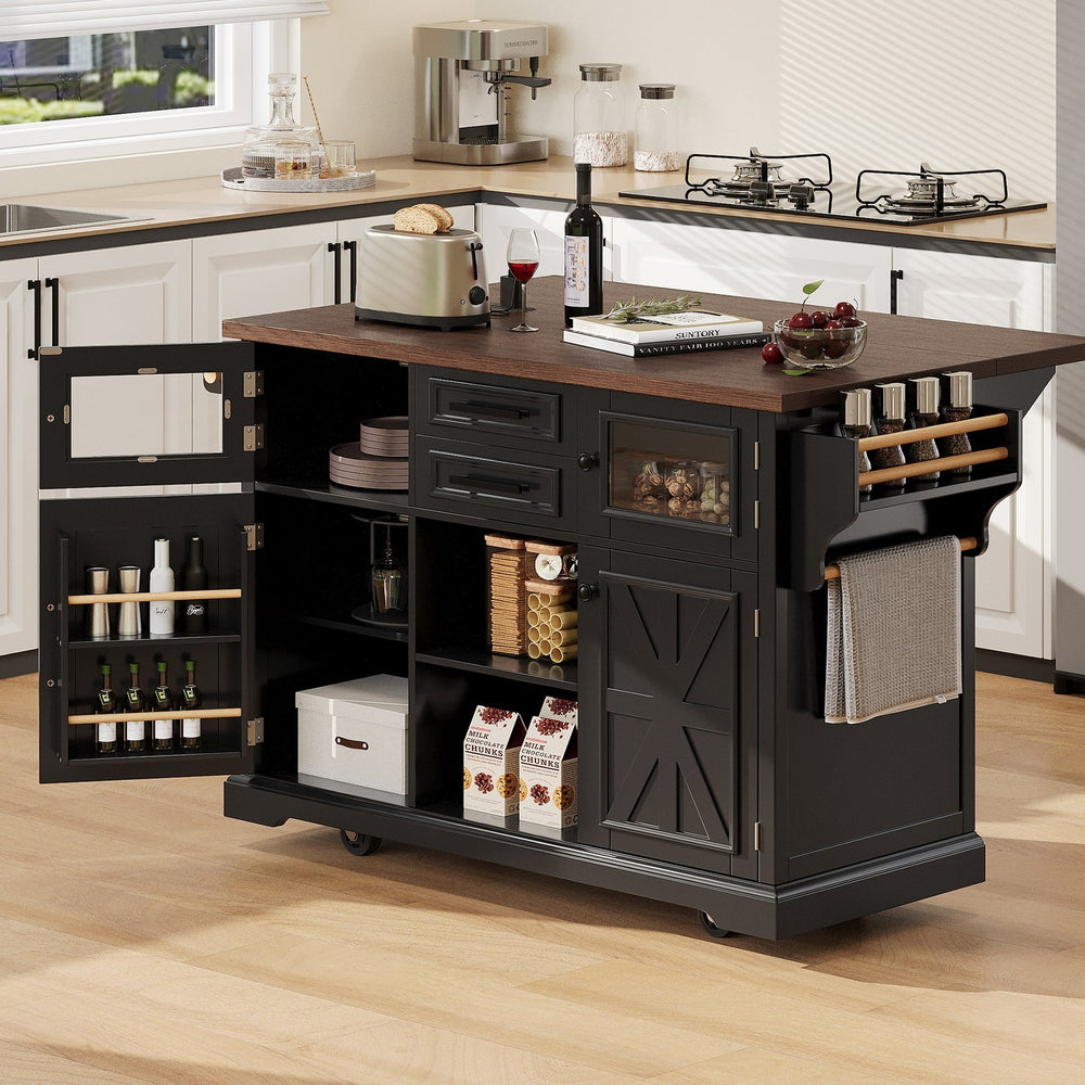 English Elm K&K 54.9" Farmhouse Kitchen Island Cart with Drop Leaf, Charging Station, Barn Doors & Glass Pane Black N707P300277B