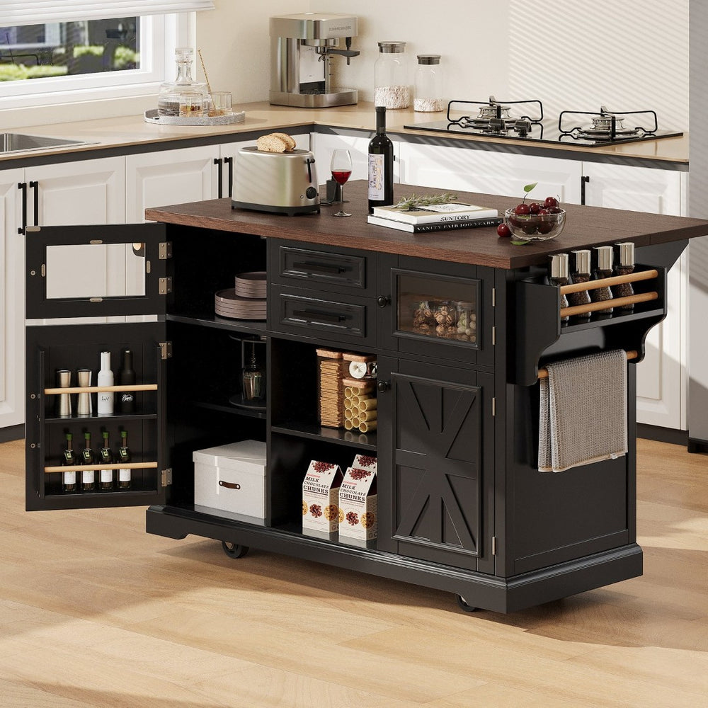 English Elm K&k Farmhouse Rolling Kitchen Island with Barn Doors Power Outlet and Drop Leaf Black N707S300277B