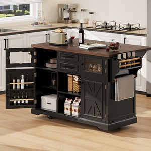 English Elm K&k Farmhouse Rolling Kitchen Island with Barn Doors Power Outlet and Drop Leaf Black N707S300277B