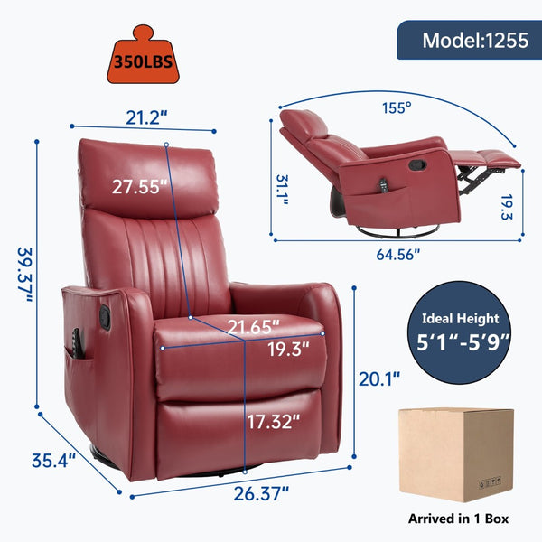 English Elm Blue Fabric Swivel Rocker Recliner with Massage Heat Nodes for Living Room Comfort Red W1803P321820