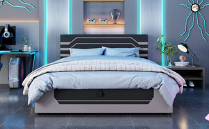 English Elm Modern Cyberpunk Queen Platform Bed Hydraulic Storage Pu Upholstered Gaming Frame Black+ Gray SF000205AAE