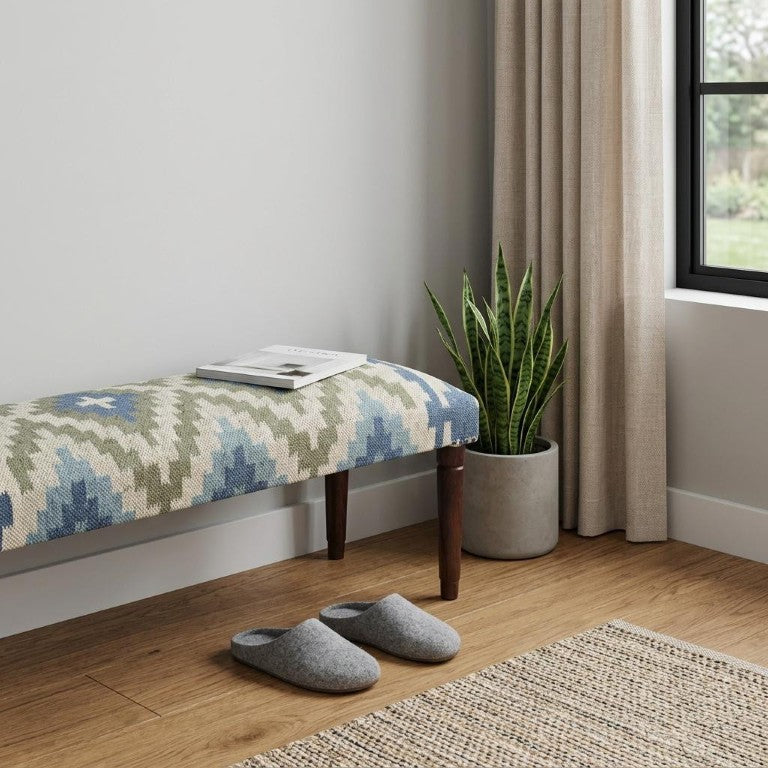 HomeRoots 47 Inch Geometric Jute Wool Upholstered Bench with Solid Wood Legs for Entryway 712547