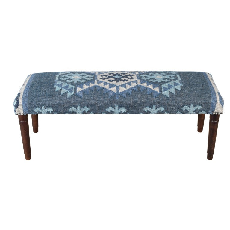 HomeRoots 47 Inch Geometric Jute Upholstered Bench with Solid Wood Legs for Entryway Decor 712548