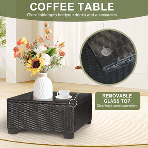 English Elm 7 Pieces Outdoor Sectional Set - Dark Blue PE Rattan Patio Sofa with Glass Table, Cushions, Modular Plan W813S00005