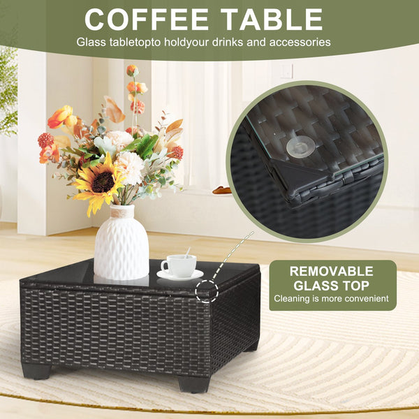 English Elm 7 Pieces Outdoor Sectional Set - Dark Blue PE Rattan Patio Sofa with Glass Table, Cushions, Modular Plan W813S00005