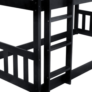 English Elm Twin Triple Rubberwood Bunk Bed with Ladders & Guardrails, Space-Saving Modular Design for Families Black W504S00173