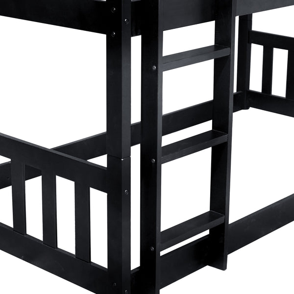 English Elm Twin Triple Rubberwood Bunk Bed with Ladders & Guardrails, Space-Saving Modular Design for Families Black W504S00173