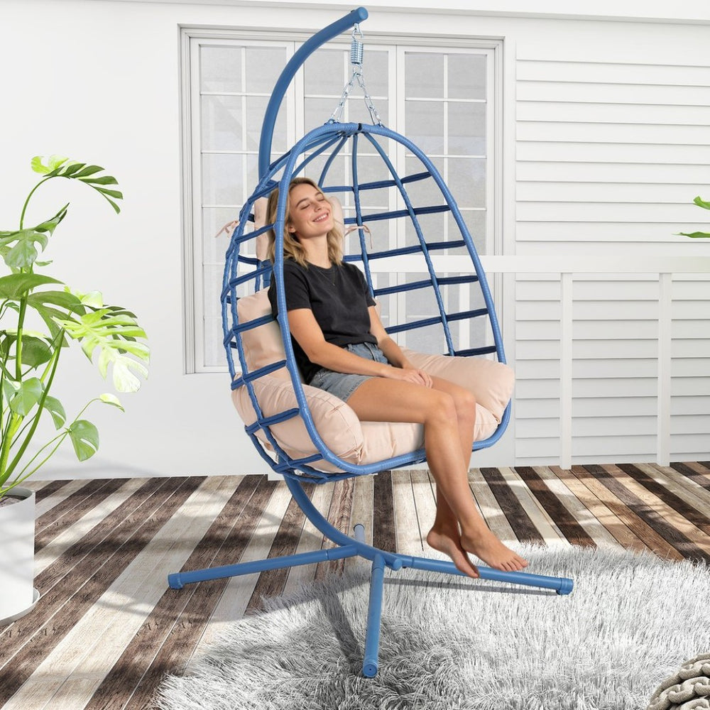English Elm Egg Hanging Chair with Stand Pe Rattan Swing Seat Washable Cushion Patio Bedroom T5880P497434