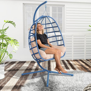 English Elm Egg Hanging Chair with Stand Pe Rattan Swing Seat Washable Cushion Patio Bedroom T5880P497434