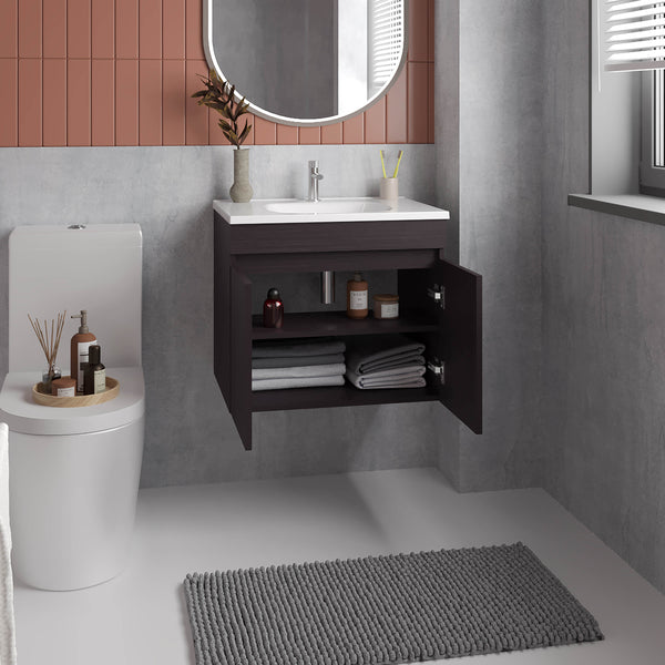 English Elm Chaux Floating Wide Double-Door Vanity with Resin Sink, Black Wenge Finish, Soft-Close, 23.2" B200P335379