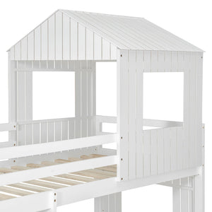 English Elm Wooden Twin Over Full Bunk Bed Farmhouse Playhouse Design with Ladder Guardrails LT000327AAK-1