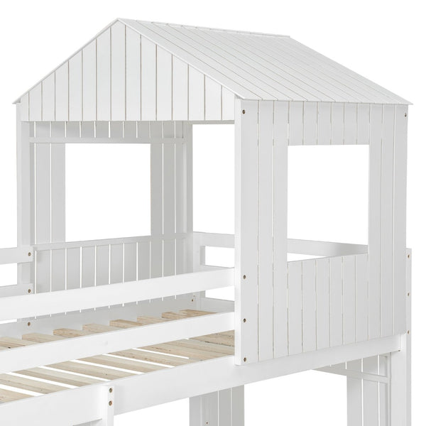 English Elm Wooden Twin Over Full Bunk Bed Farmhouse Playhouse Design with Ladder Guardrails LT000327AAK-1