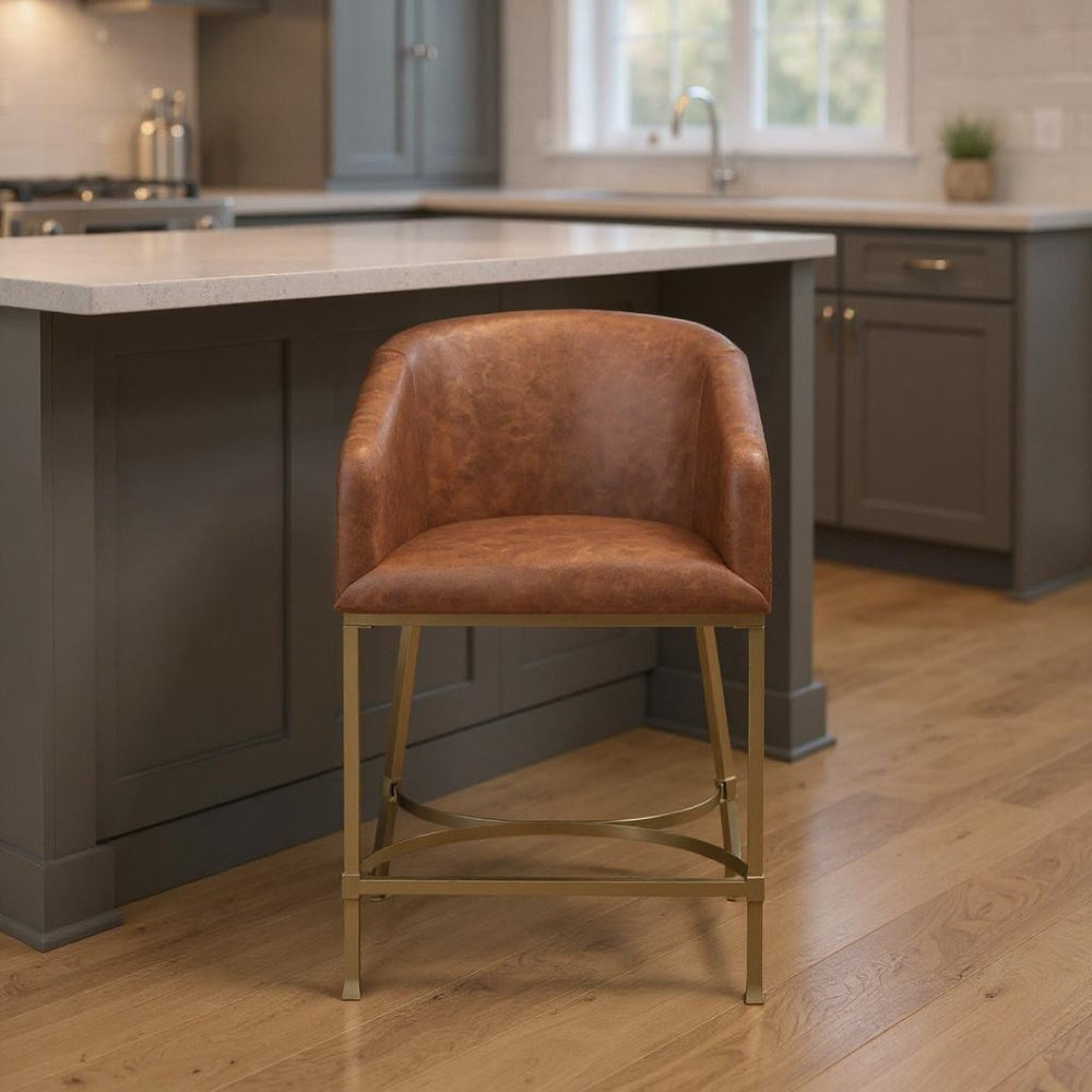 HomeRoots 31" Elegant White and Gold Low Back Bar Chair with Fabric Seat - Modern Design for Kitchen & Bar 712636