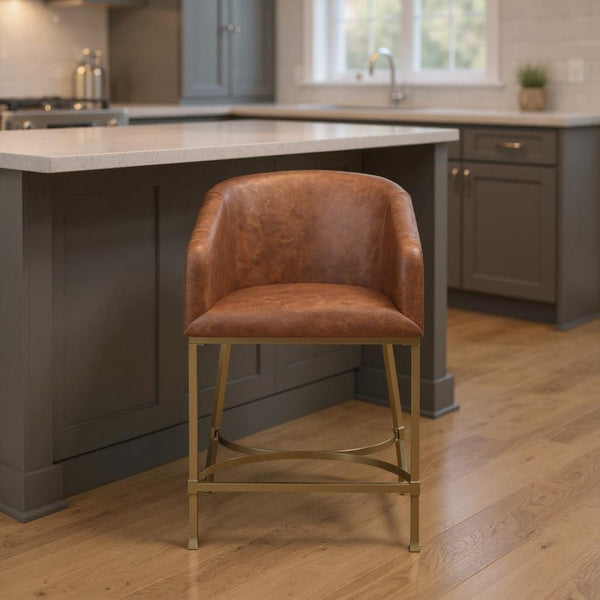 HomeRoots 31" Elegant White and Gold Low Back Bar Chair with Fabric Seat - Modern Design for Kitchen & Bar 712636