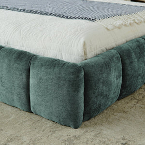 English Elm King Platform Bed Fully Upholstered in Plush Chenille with Low Profile Modern Frame Blue+Green W487S00466