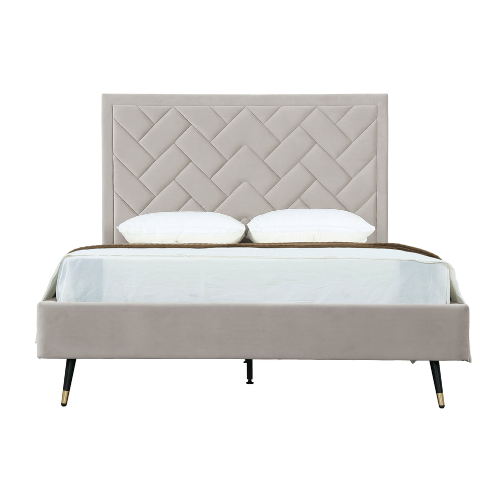 English Elm Crosby Upholstered Velvet Queen Bed In Greige - Elegant Chevron Headboard & No Box Spring Needed! B365S00038