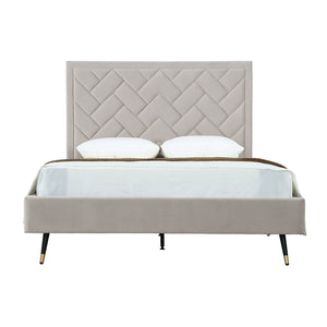 English Elm Crosby Upholstered Velvet Queen Bed In Greige - Elegant Chevron Headboard & No Box Spring Needed! B365S00038