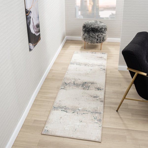 HomeRoots 5' X 7' Beige and Blue Abstract Distressed Area Rug - Modern, Durable, Stain-Resistant for Any Space 712683