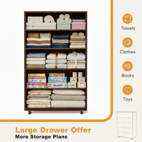 English Elm 5 Drawer Rolling Chest Distressed Finish Mobile Bedroom Storage Cabinet on Caster Wheels Dark Brown B372P444033