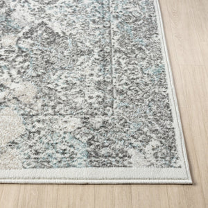 HomeRoots 5' Cream and Blue Damask Area Rug - Elegant, Durable, Stain Resistant, Perfect for Busy Homes! 712687