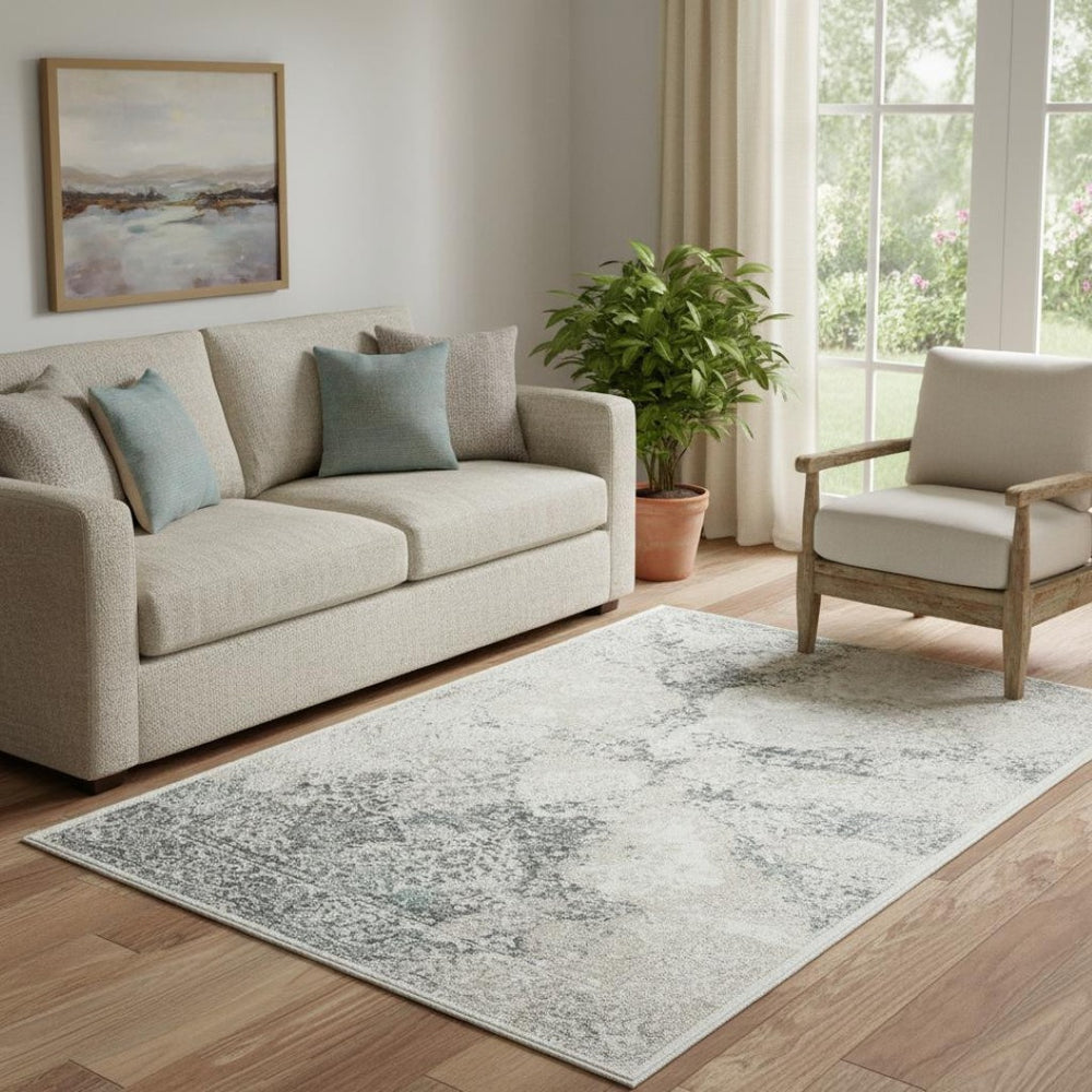 HomeRoots 9' X 12' Elegant Cream and Blue Damask Area Rug – Durable, Stain-Resistant, Perfect for Any Space! 712688