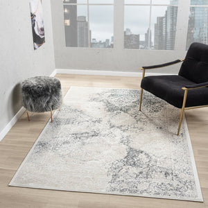 HomeRoots 9' X 12' Elegant Cream and Blue Damask Area Rug – Durable, Stain-Resistant, Perfect for Any Space! 712688