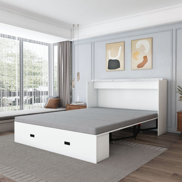 English Elm 57 Inch Murphy Bed Cabinet with Storage Drawers Charging Station and Rolling Casters White W509S00155