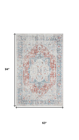 HomeRoots 7' Blue and Orange Distressed Medallion Area Rug - Bohemian Charm, Durable, Easy-Care for Homes 712691
