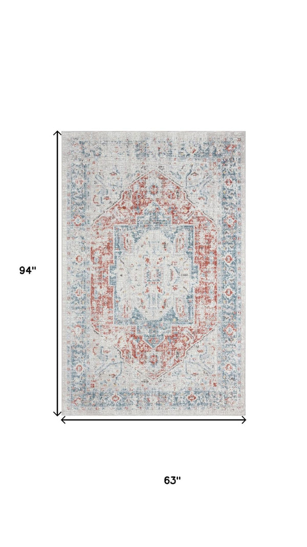 HomeRoots 7' Blue and Orange Distressed Medallion Area Rug - Bohemian Charm, Durable, Easy-Care for Homes 712691