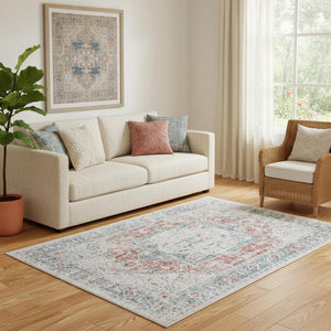 HomeRoots 7' Blue and Orange Distressed Medallion Area Rug - Bohemian Charm, Durable, Easy-Care for Homes 712691