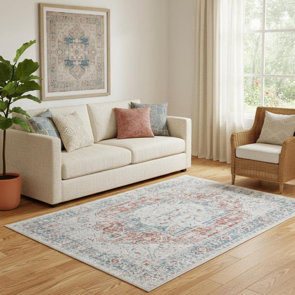 HomeRoots 7' Blue and Orange Distressed Medallion Area Rug - Bohemian Charm, Durable, Easy-Care for Homes 712691