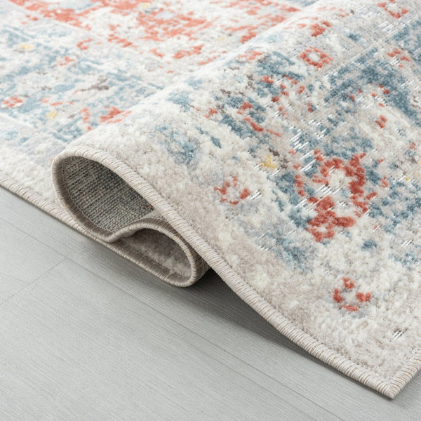 HomeRoots 7' Blue and Orange Distressed Medallion Area Rug - Bohemian Charm, Durable, Easy-Care for Homes 712691