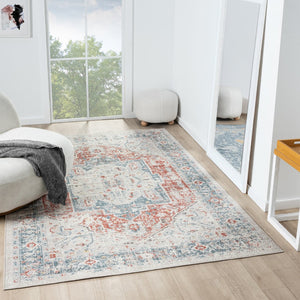 HomeRoots 7' Blue and Orange Distressed Medallion Area Rug - Bohemian Charm, Durable, Easy-Care for Homes 712691